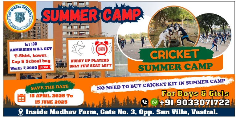 Join GRP Sports Academy’s Cricket Summer Camp 2025 in Ahmedabad! FREE kit, ICC-certified coaches, 16 practice nets & cab service. Limited seats—enroll now!